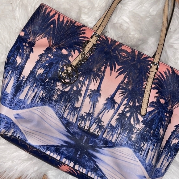 Guess Handbags - Guess Blue Pink Palm Tree Sunrise Beach Tote Bag